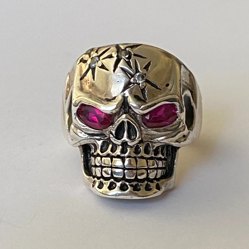 925 Silver stars skull bike biker ring cz stone